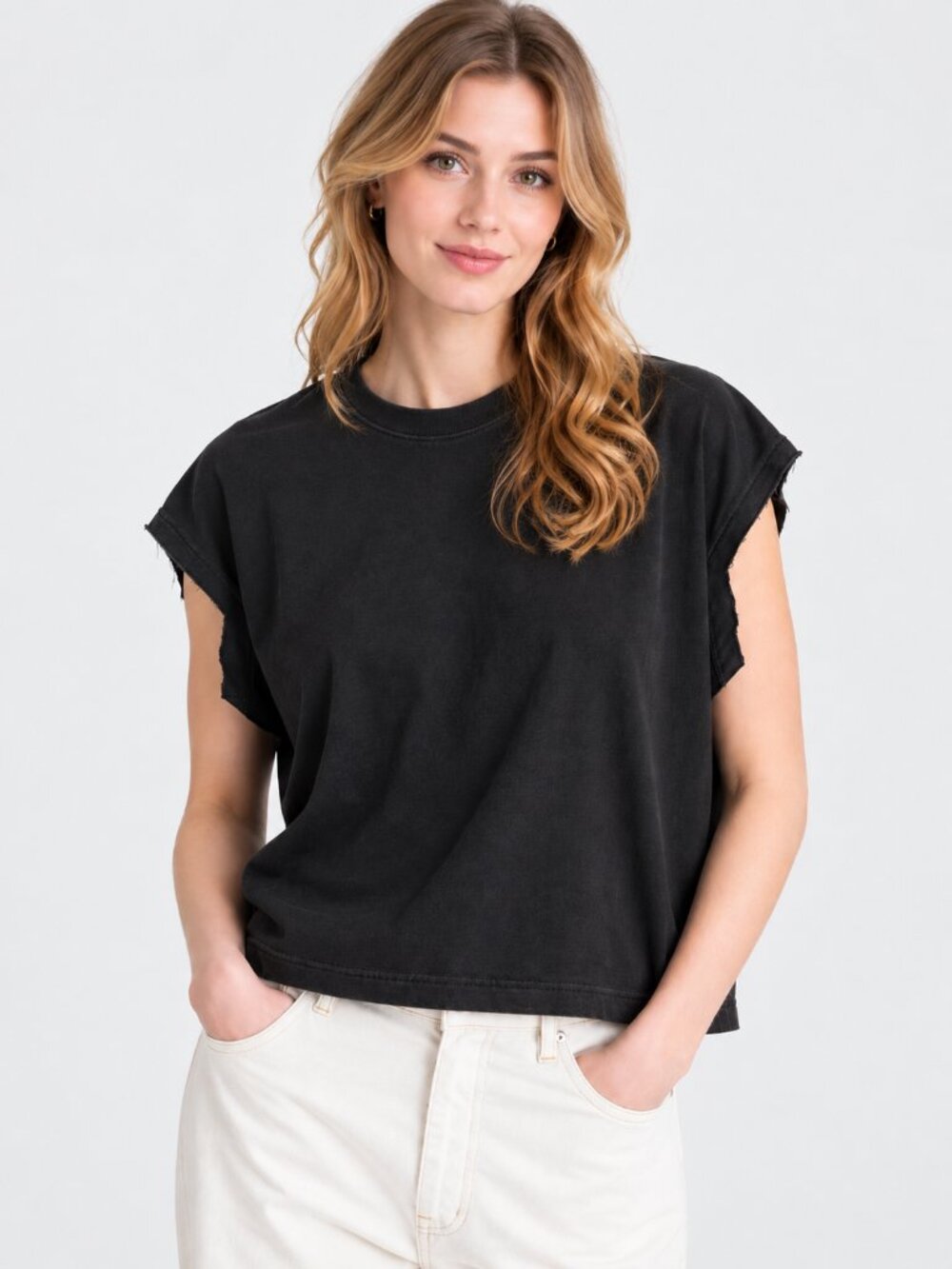 BDG Boxy Muscle Tee Black Raw Cap Sleeve Cotton T-Shirt Size XL NWOT